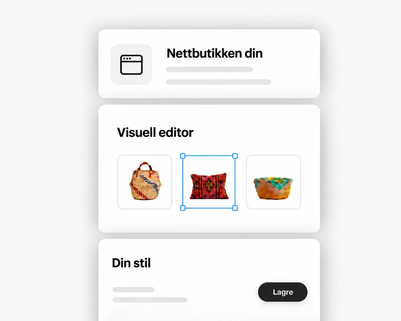 Illustrasjon av butikken din, den visuelle editoren og din egen stil